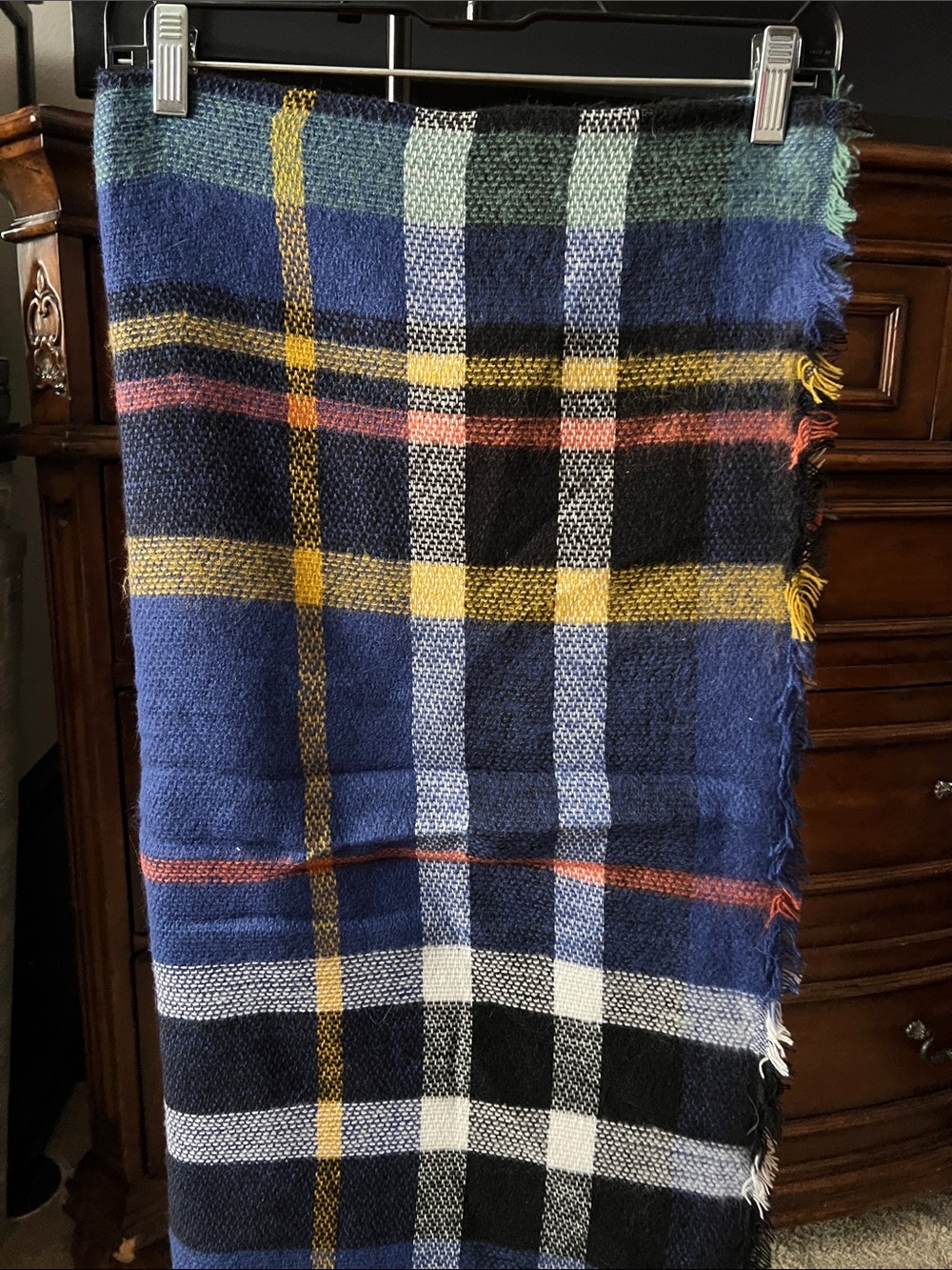 Cozy Blue Plaid Fringe Scarf with Yellow & White Stripes